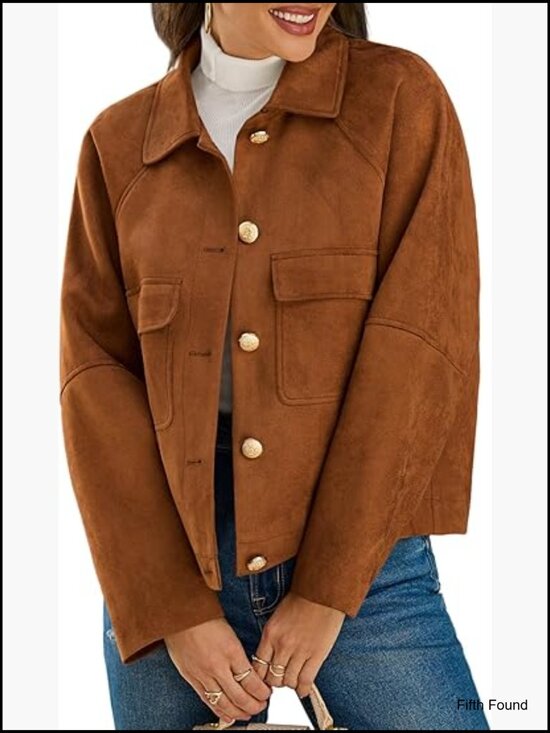 Jackets & Blazers - Faux Suede Leather Cropped Jacket Button Down Lapel Collar Casual Vintage